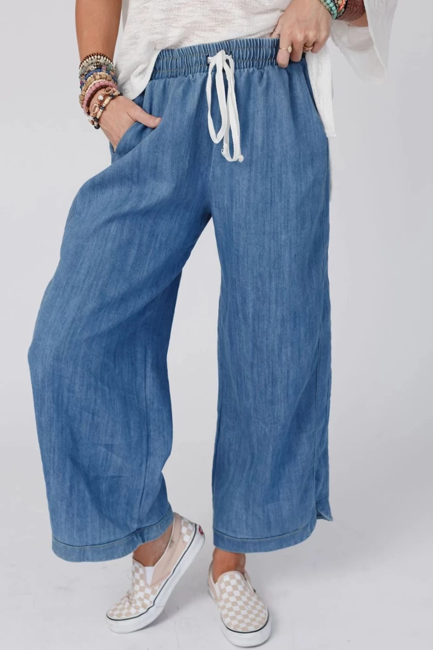 Shewin Women's Sky Blue Drawstring Waist Wide Leg Loose Pants