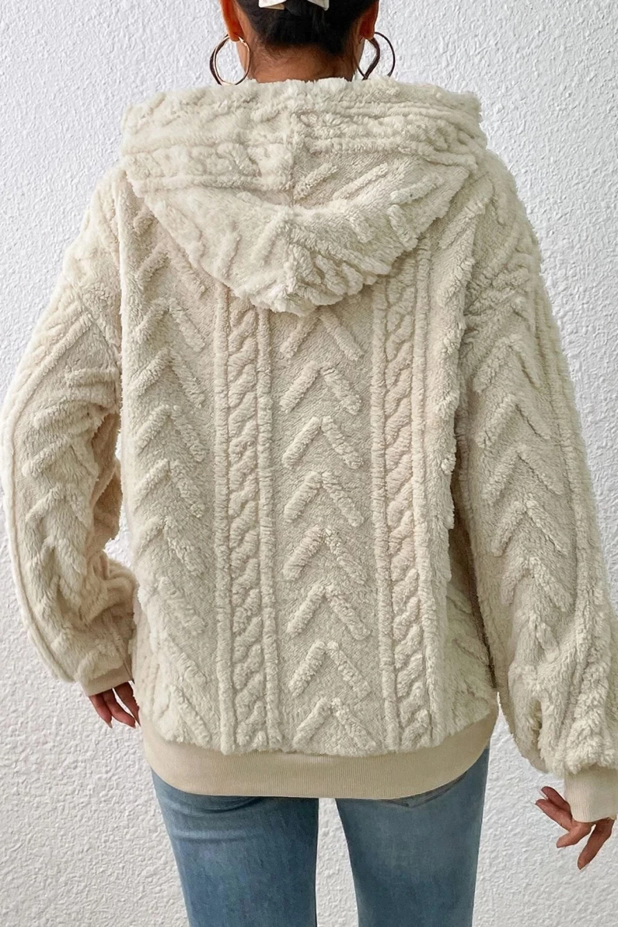 "Shewin Women's Beige Textured Drop Shoulder Hoodie with Drawstring"