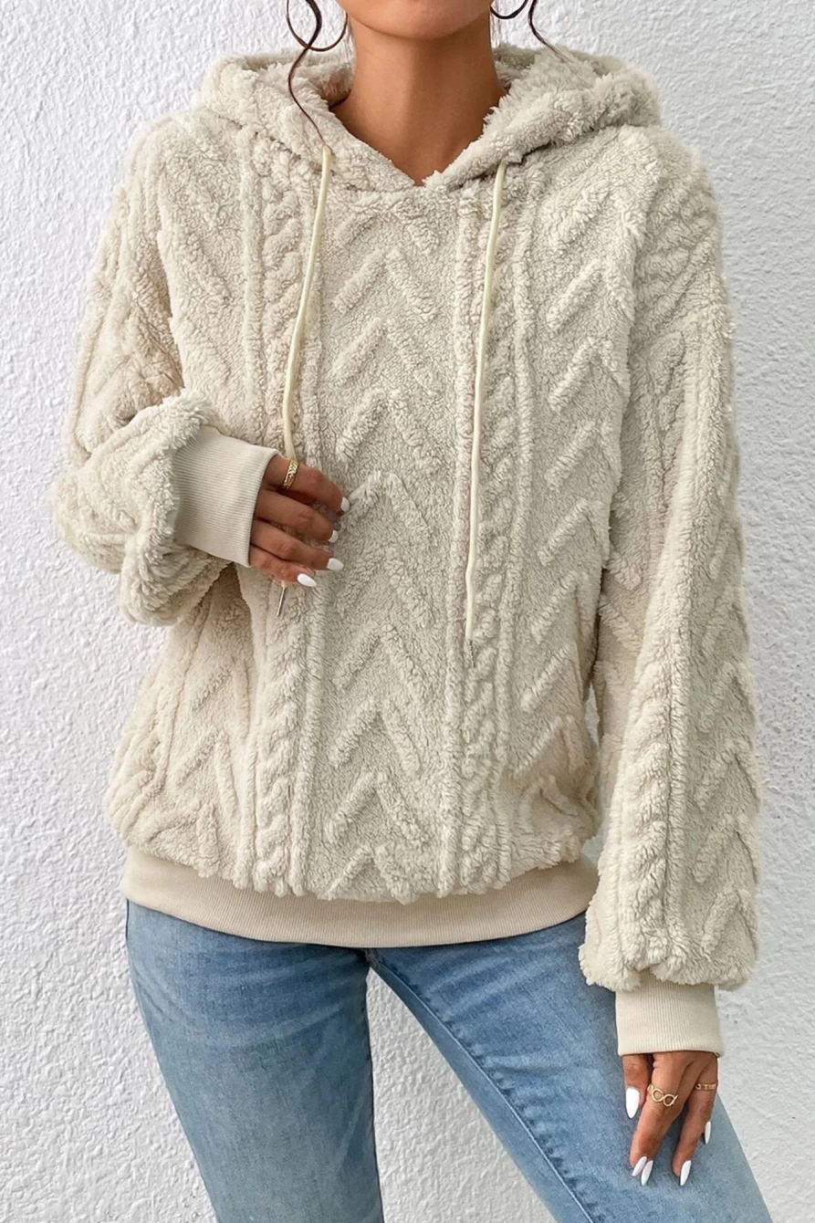 "Shewin Women's Beige Textured Drop Shoulder Hoodie with Drawstring"