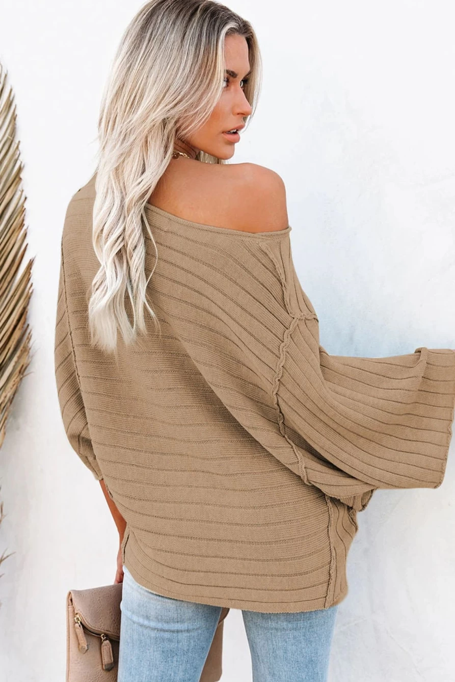 Shewin Women's Brown Ribbed Knit Dolman Sweater with Exposed Seam Detail