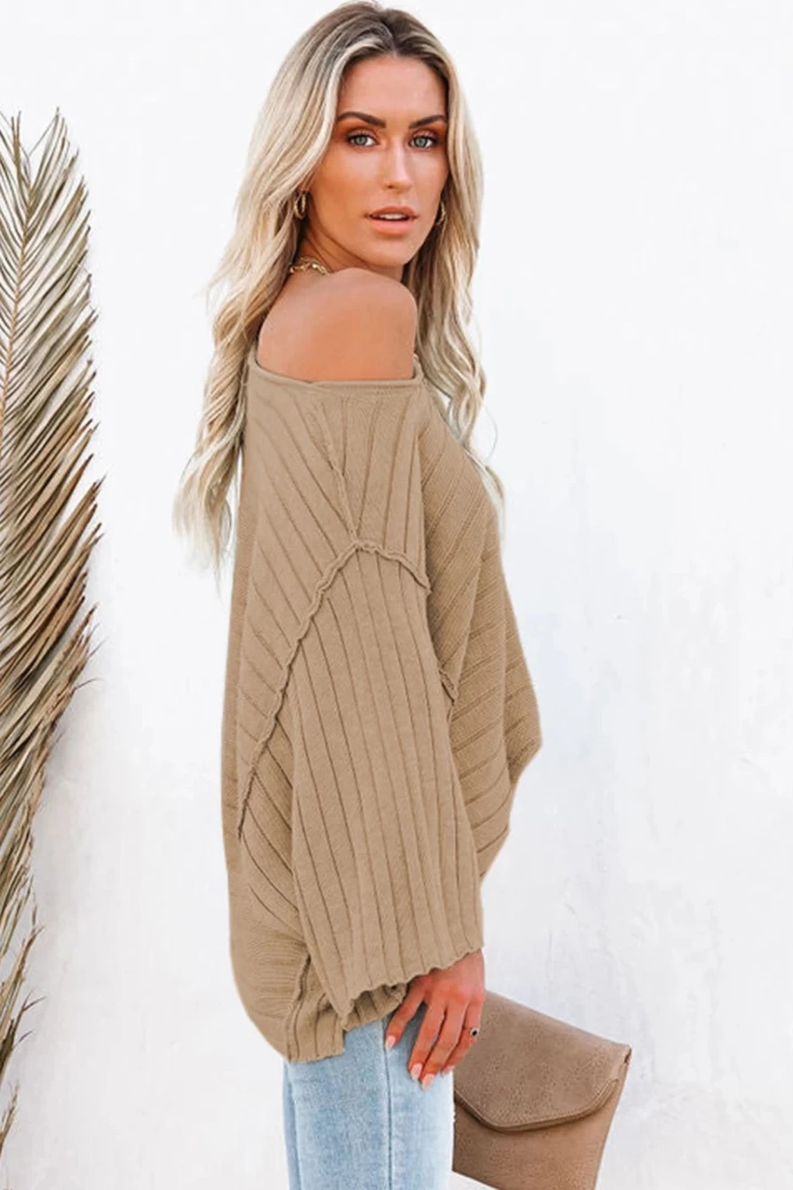 Shewin Women's Brown Ribbed Knit Dolman Sweater with Exposed Seam Detail