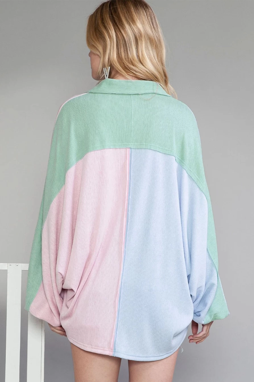 Shewin Women's Multicolour Patchwork Flap Pocket Long Sleeve Shacket Coat