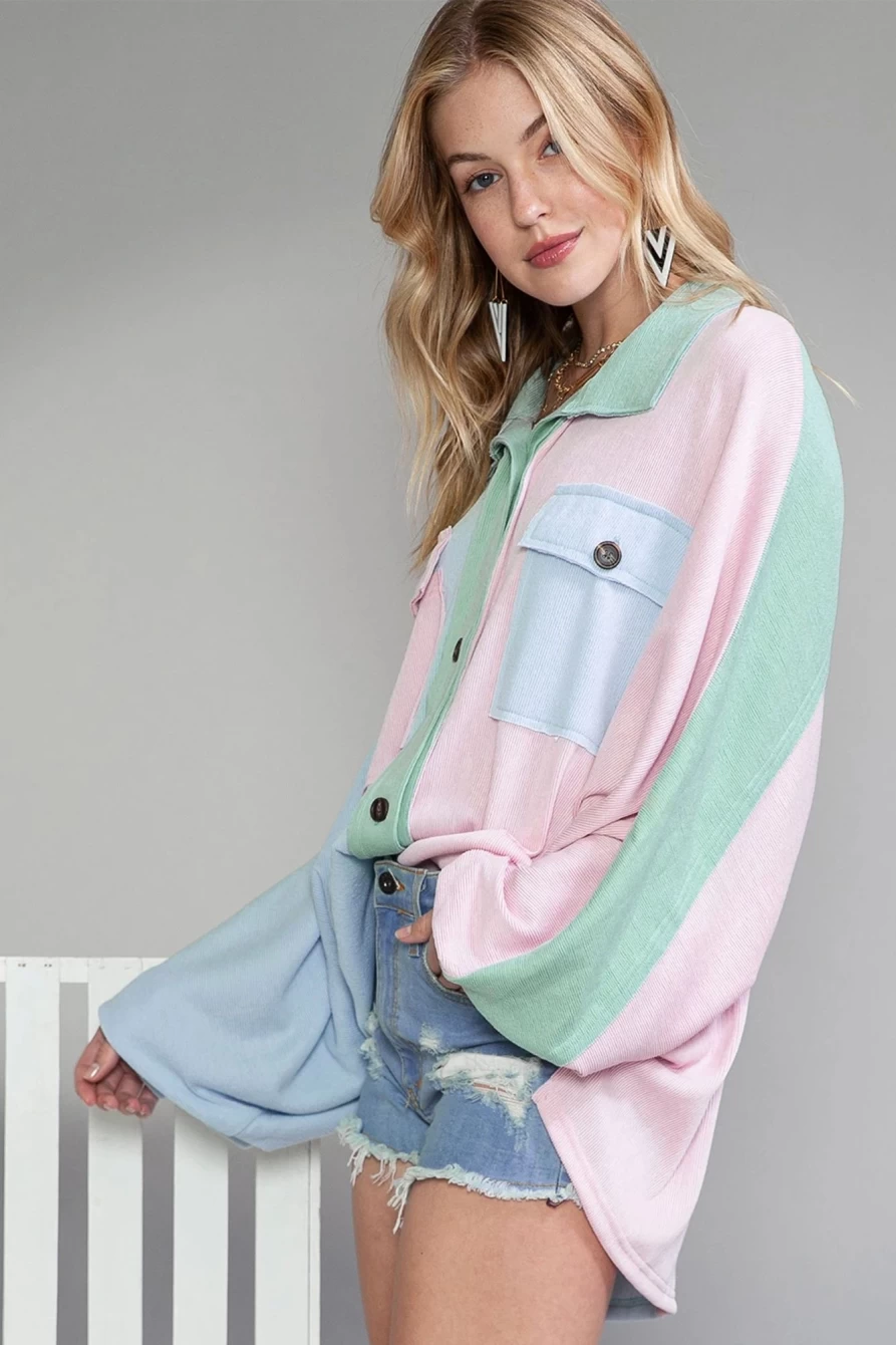 Shewin Women's Multicolour Patchwork Flap Pocket Long Sleeve Shacket Coat