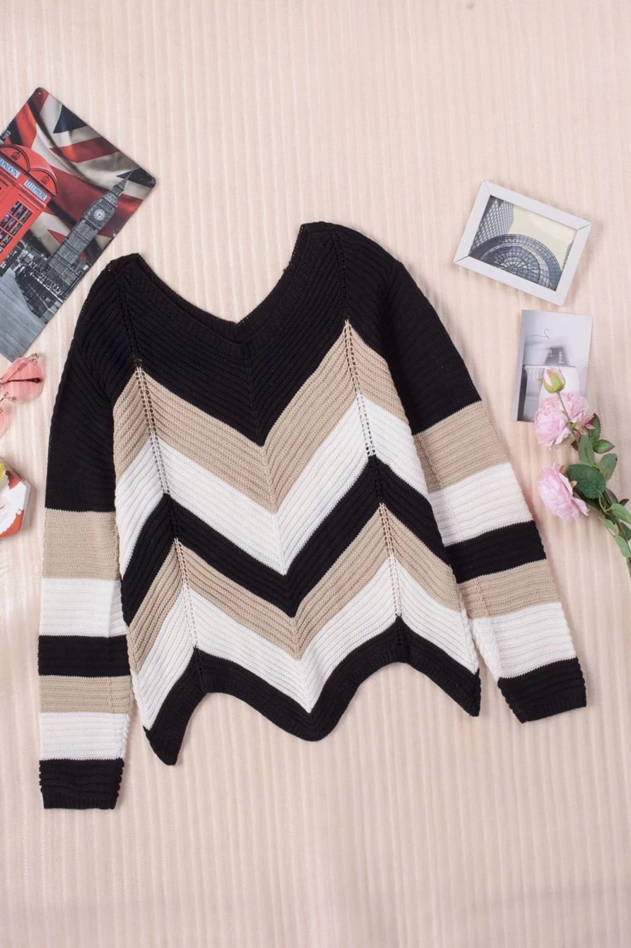 Shewin Women's Black Chevron Colorblock Knit Sweater - Stylish Striped Pullover