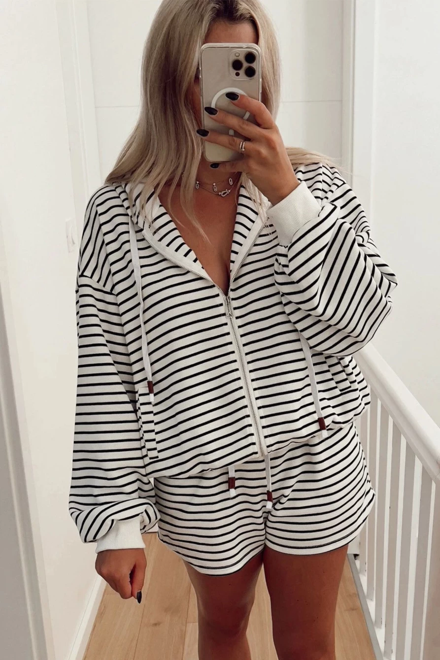Women's White Printed Striped Zip Up Hoodie and Shorts Set | SHEWIN
