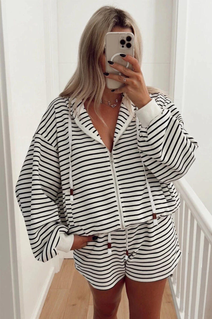 Women's White Printed Striped Zip Up Hoodie and Shorts Set | SHEWIN