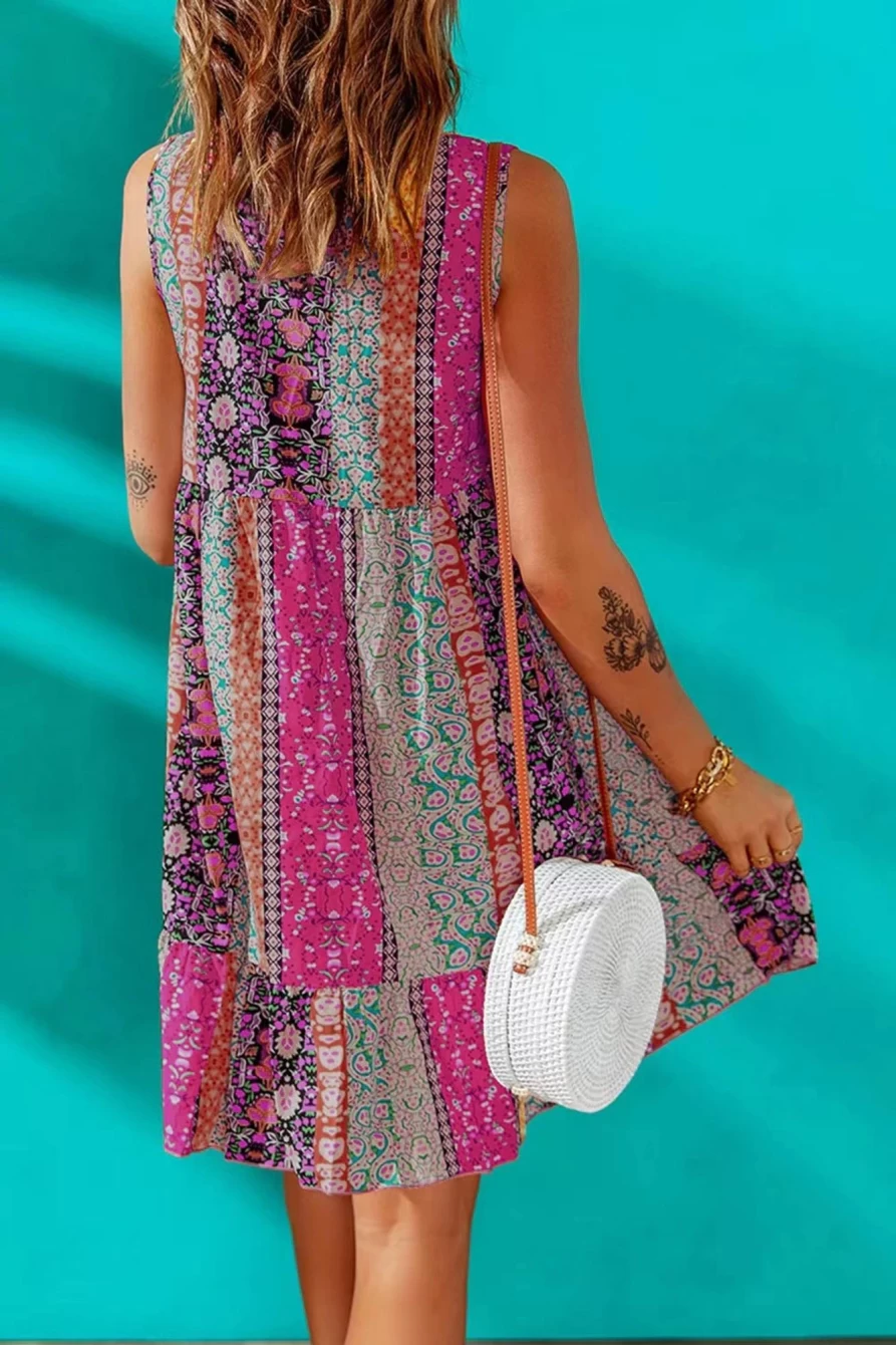 Shewin Women's Boho Floral Rose V-Neck Ruffled Sleeveless Short Summer Dress