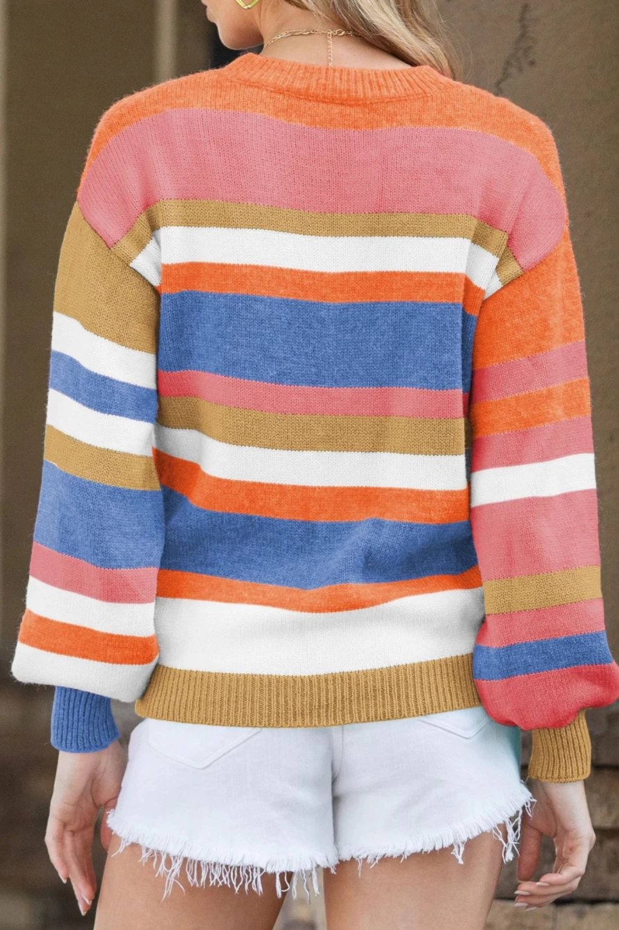 Shewin Women's Multicolour Striped Knit Drop Shoulder Lantern Sleeve Sweater
