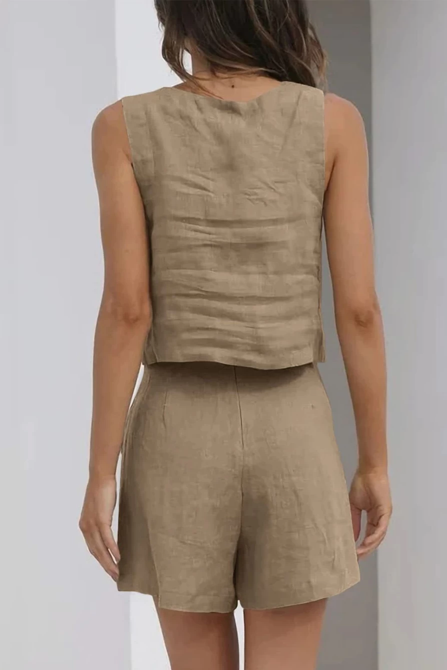 Shewin Women's Khaki Square Collar Plain Tank Top & Shorts Two-Piece Summer Outfit Set