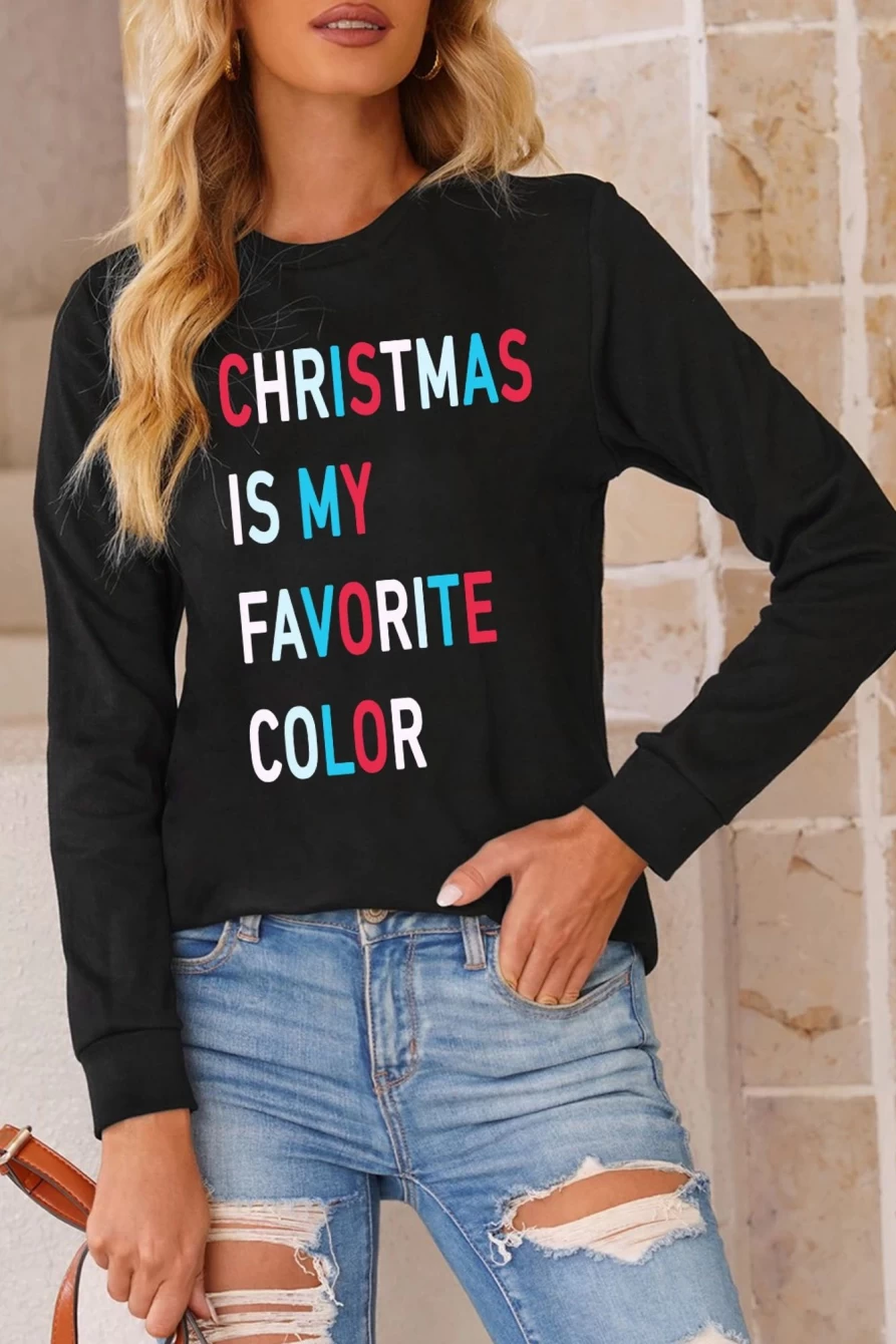 "SheWin Women's Black Christmas Is My Favorite Color Long Sleeve Graphic T-Shirt"