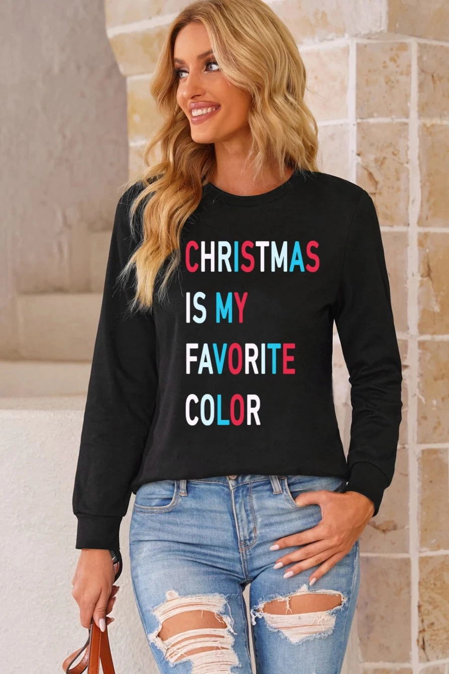 "SheWin Women's Black Christmas Is My Favorite Color Long Sleeve Graphic T-Shirt"