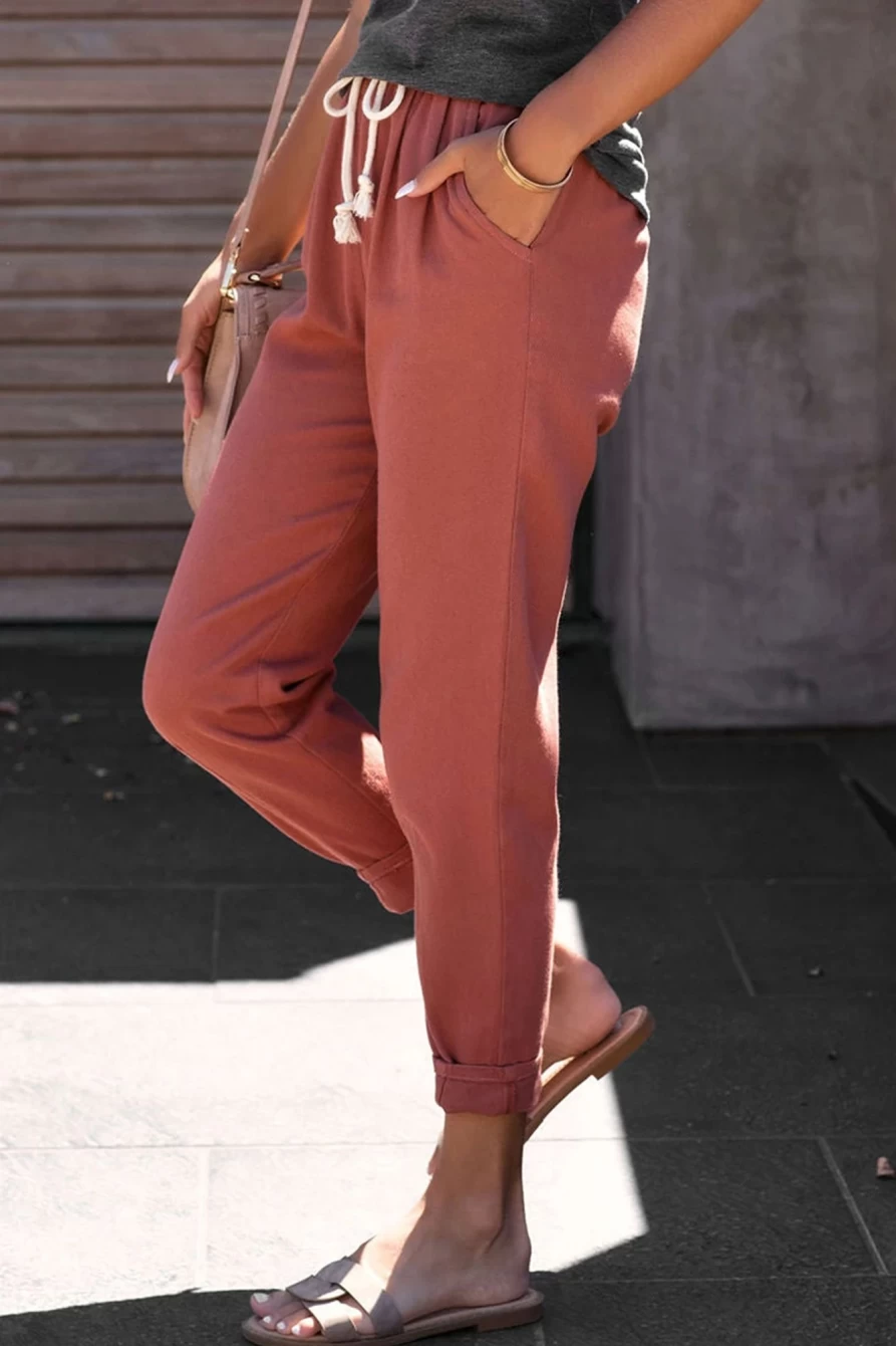 Shewin Women's Red High Waisted Solid Color Drawstring Pants with Pockets