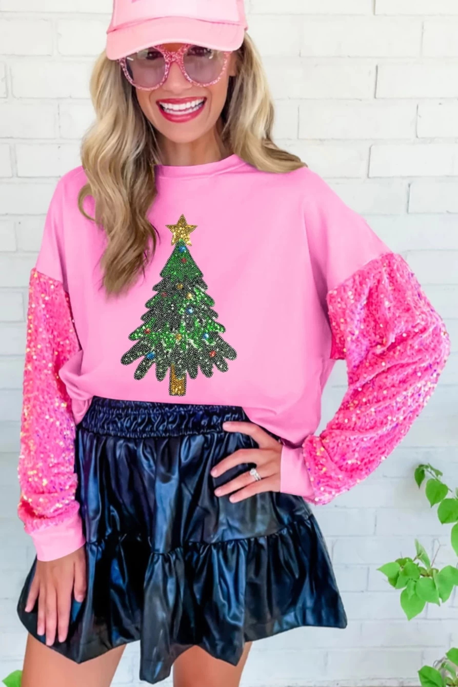 Women's Pink Christmas Tree Sequin & Patch Graphic Sweatshirt | Shewin Holiday Fashion