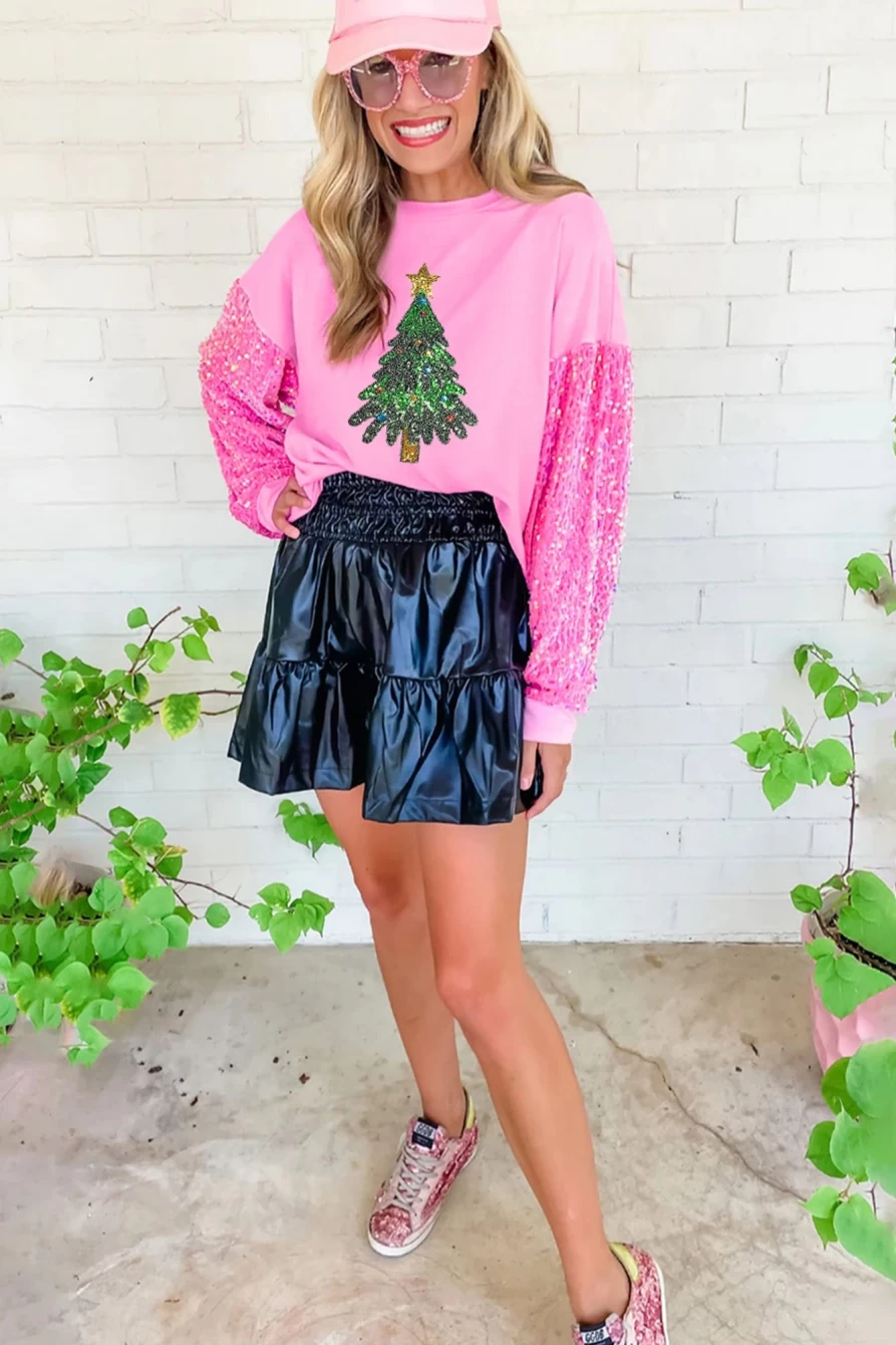 Women's Pink Christmas Tree Sequin & Patch Graphic Sweatshirt | Shewin Holiday Fashion