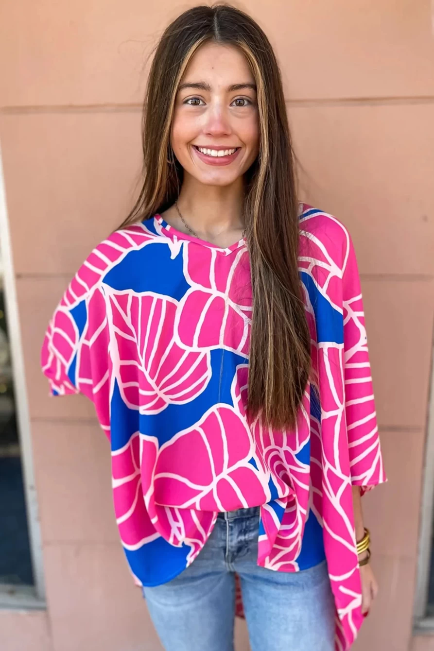 Shewin Women's Rose Red Floral Print V-Neck Loose Blouse