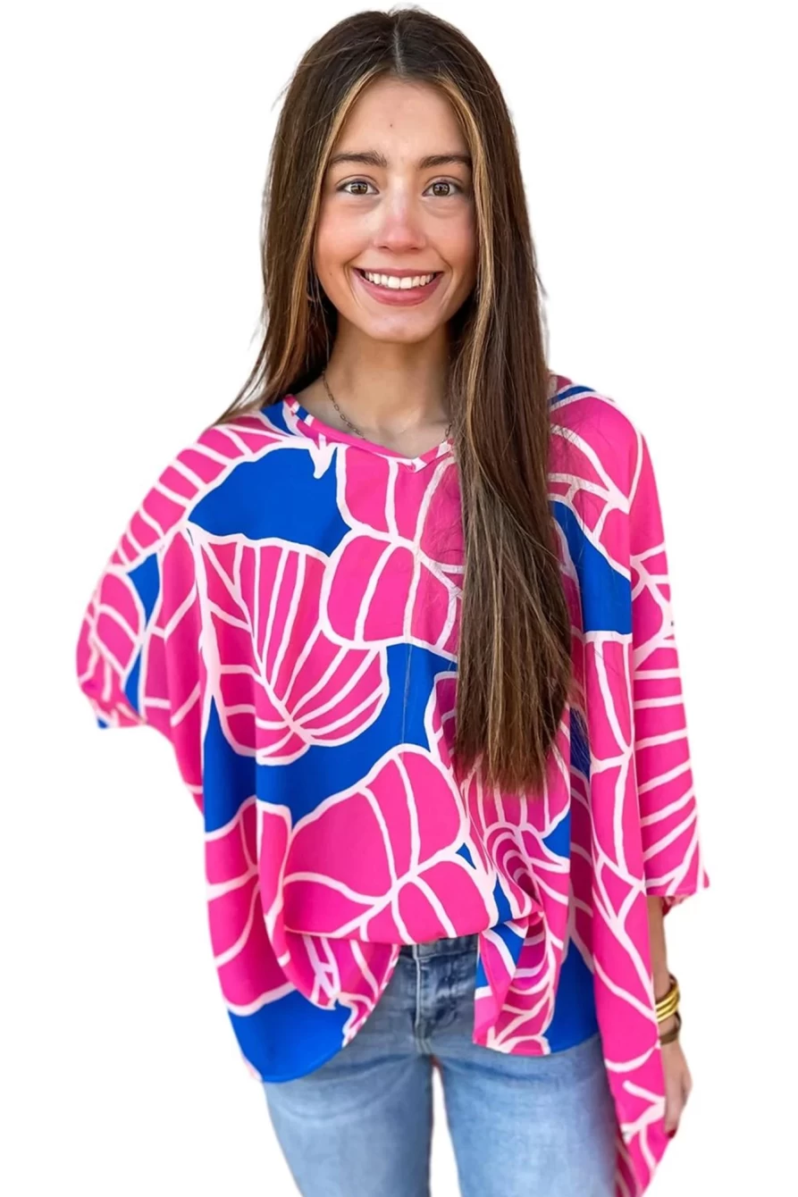 Shewin Women's Rose Red Floral Print V-Neck Loose Blouse