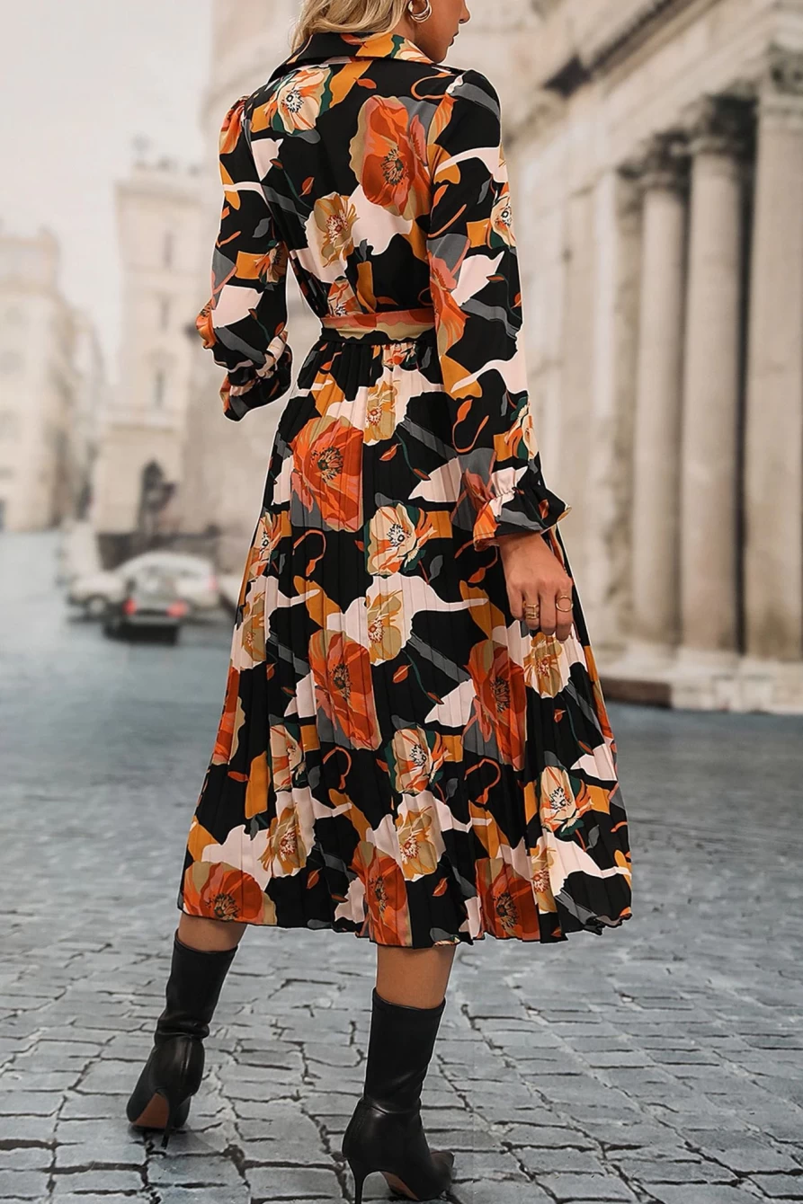 Shewin Women's Multicolor Floral Print Tie-Waist Pleated Midi Dress