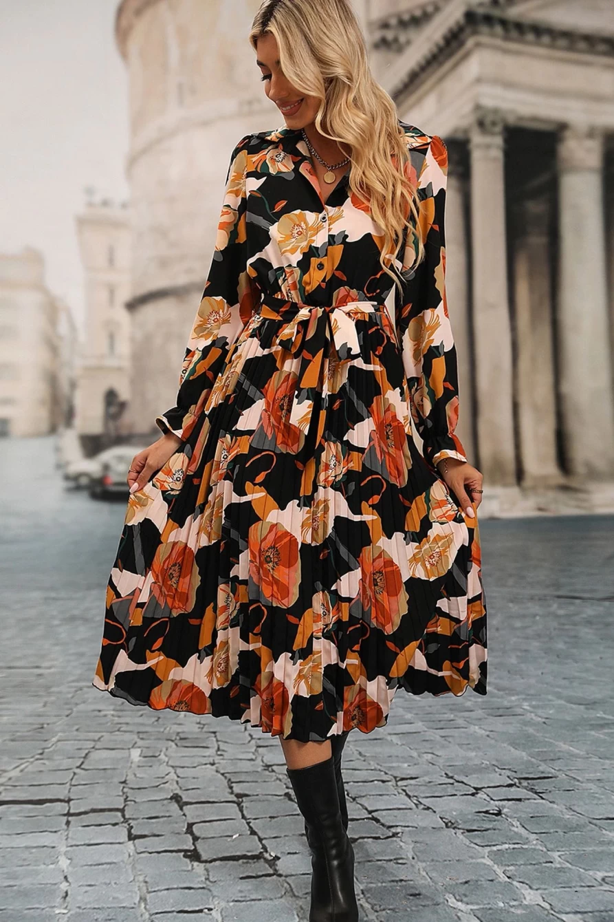 Shewin Women's Multicolor Floral Print Tie-Waist Pleated Midi Dress