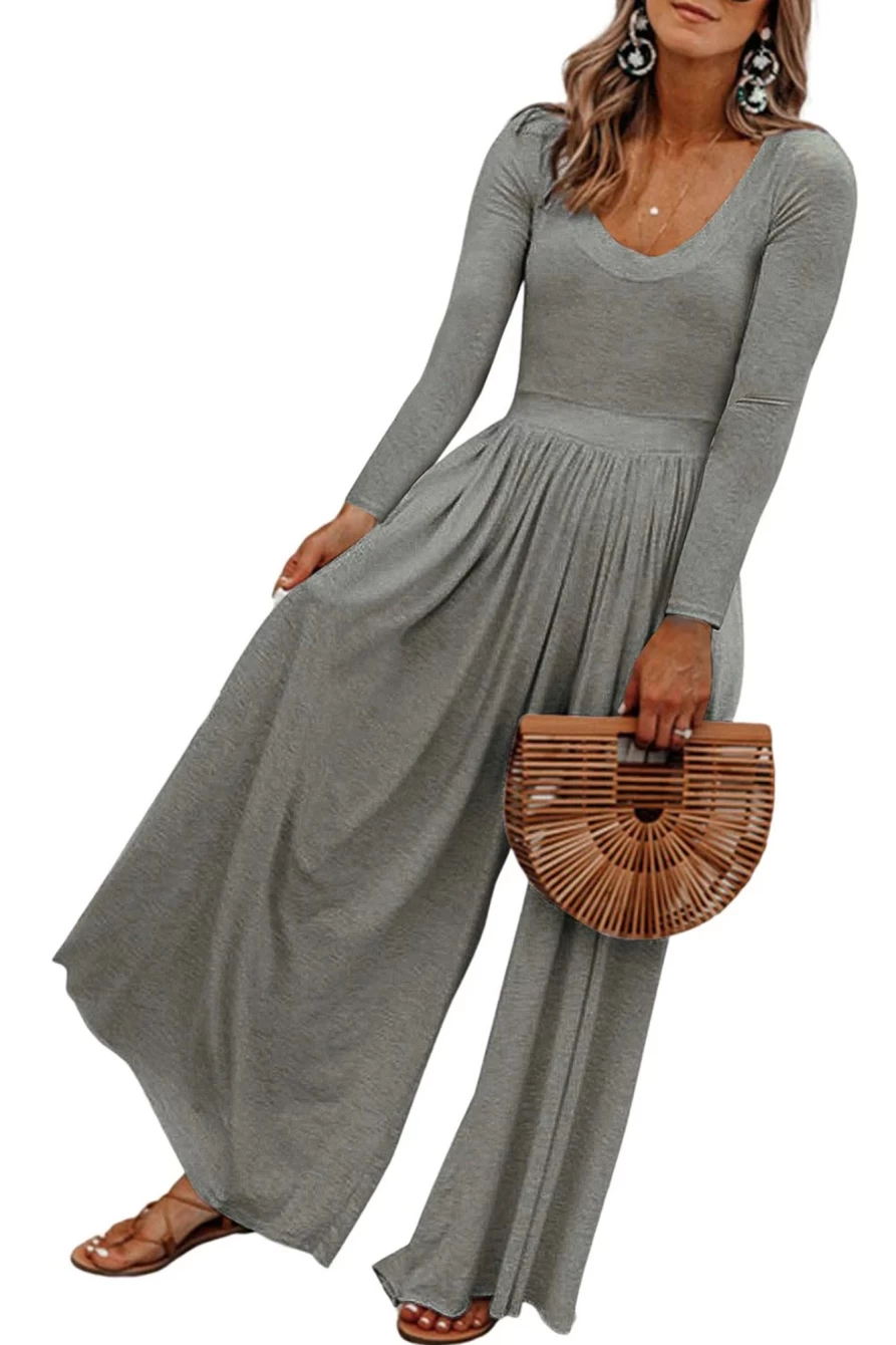 Women's Gray Solid Long Sleeve Wide Leg Jumpsuit - SHEWIN