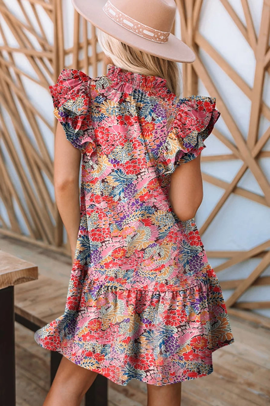"Shewin Women's Floral Print V-Neck Ruffle Dress - Multicolor Summer Fashion"