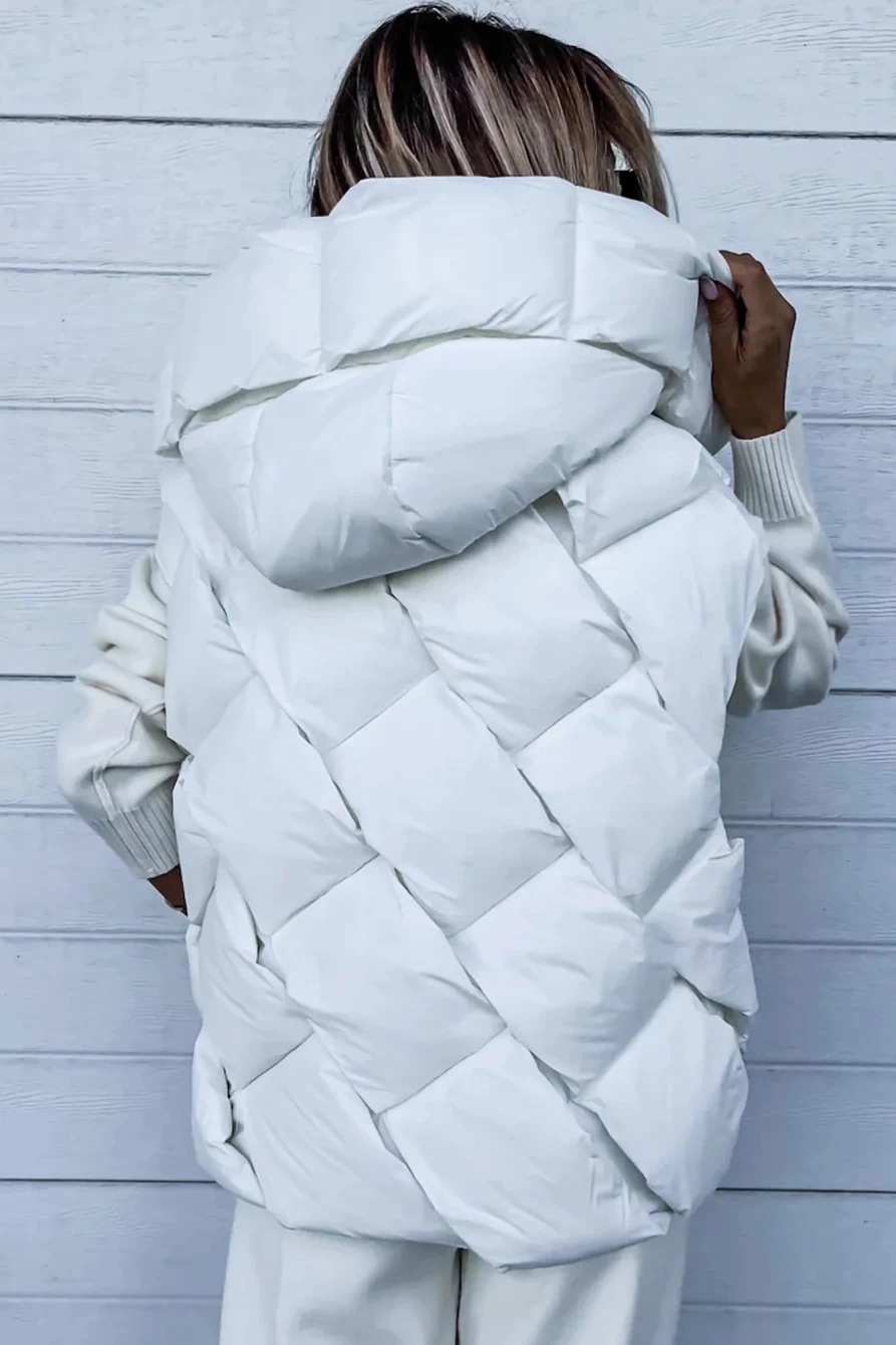 Women's Bright White Quilted Thermal Hooded Vest with Front Zipper by Shewin