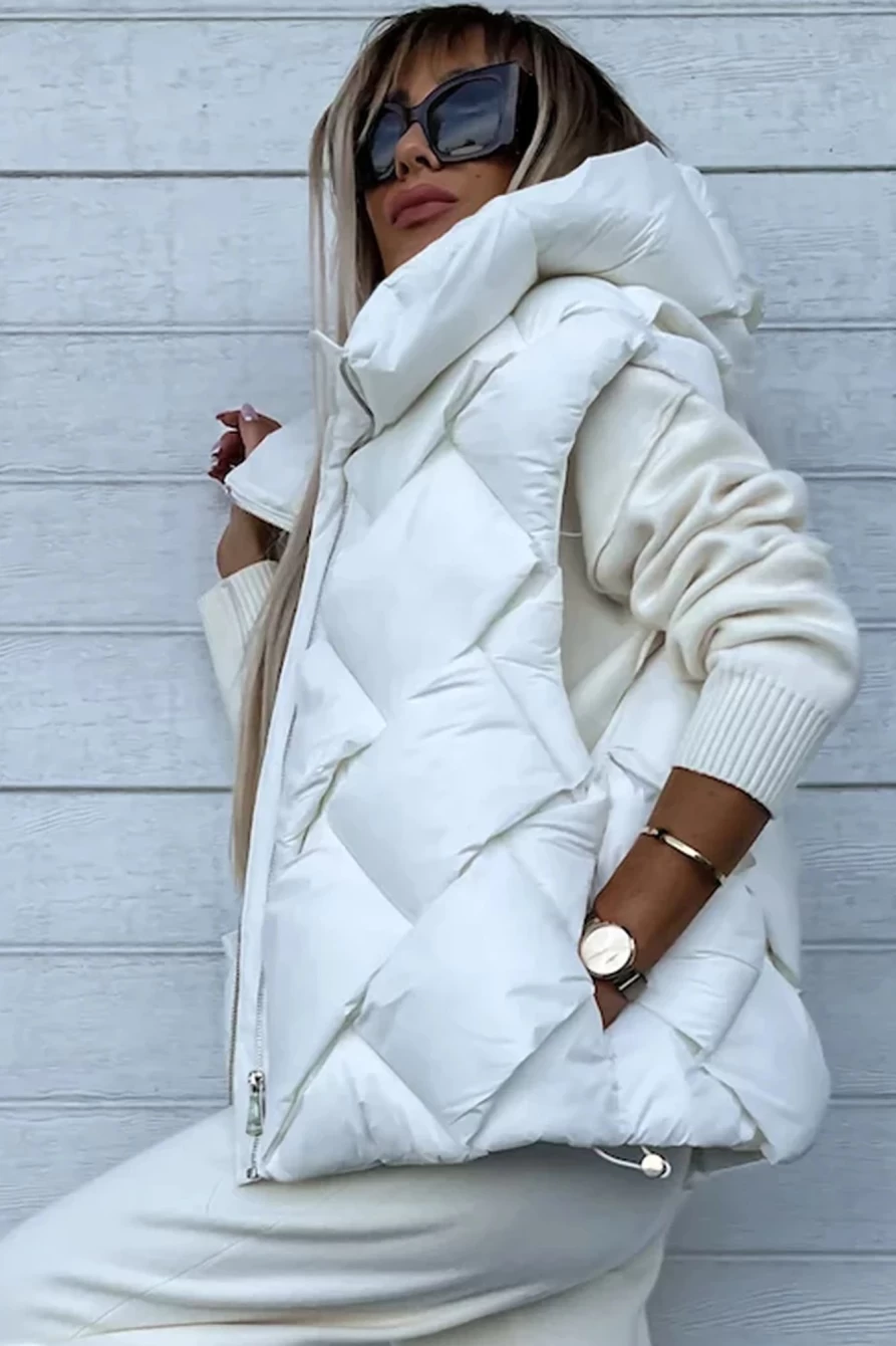 Women's Bright White Quilted Thermal Hooded Vest with Front Zipper by Shewin