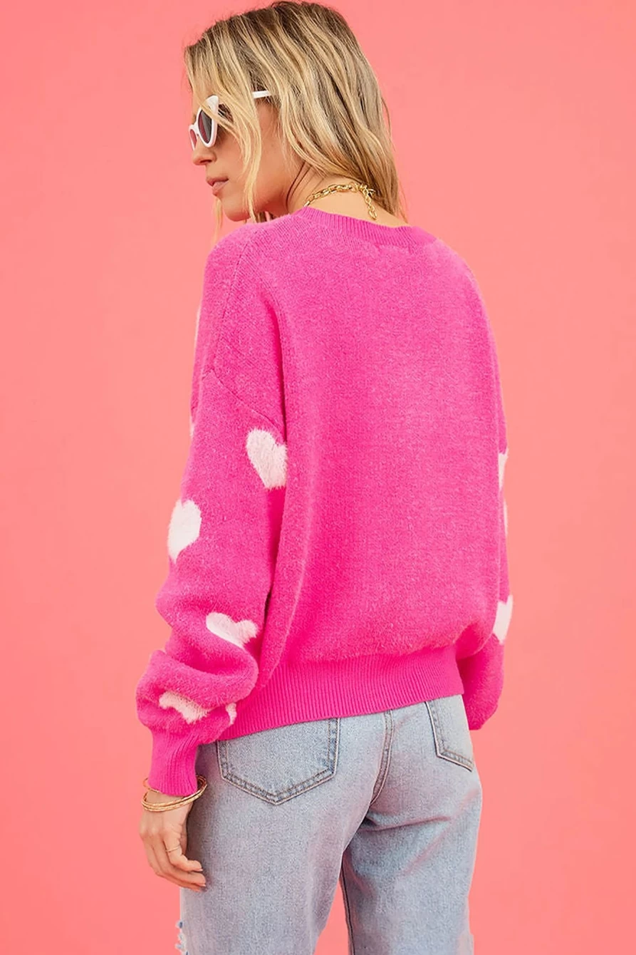 "SheWin Women's Bright Pink Fuzzy Valentine Hearts Drop Shoulder Sweater"
