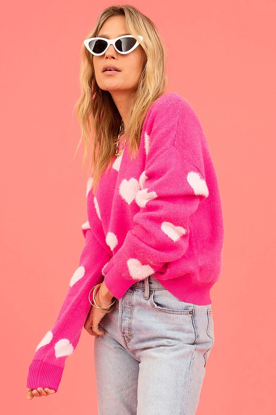 "SheWin Women's Bright Pink Fuzzy Valentine Hearts Drop Shoulder Sweater"