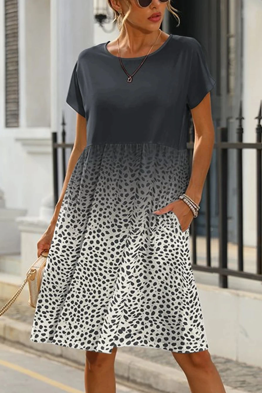 Shewin Women's Leopard Print Casual T-Shirt Dress with Contrast Dotted Pockets