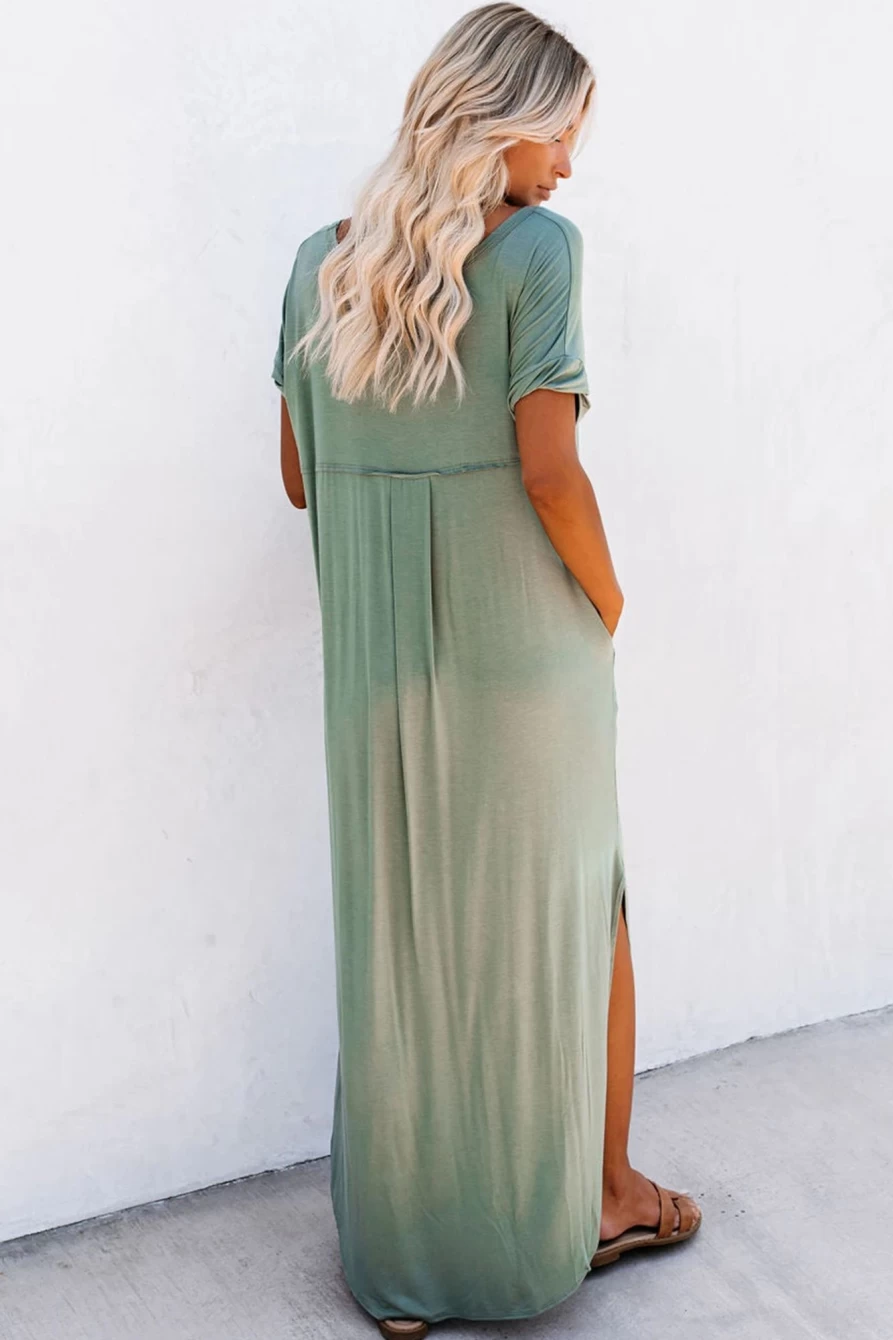 Shewin Women's Grass Green Solid Color V-Neck Maxi Dress with Hidden Pocket & Side Slit