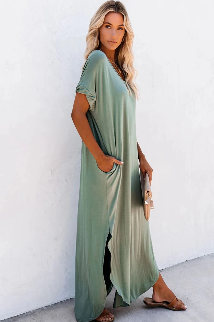 Shewin Women's Grass Green Solid Color V-Neck Maxi Dress with Hidden Pocket & Side Slit