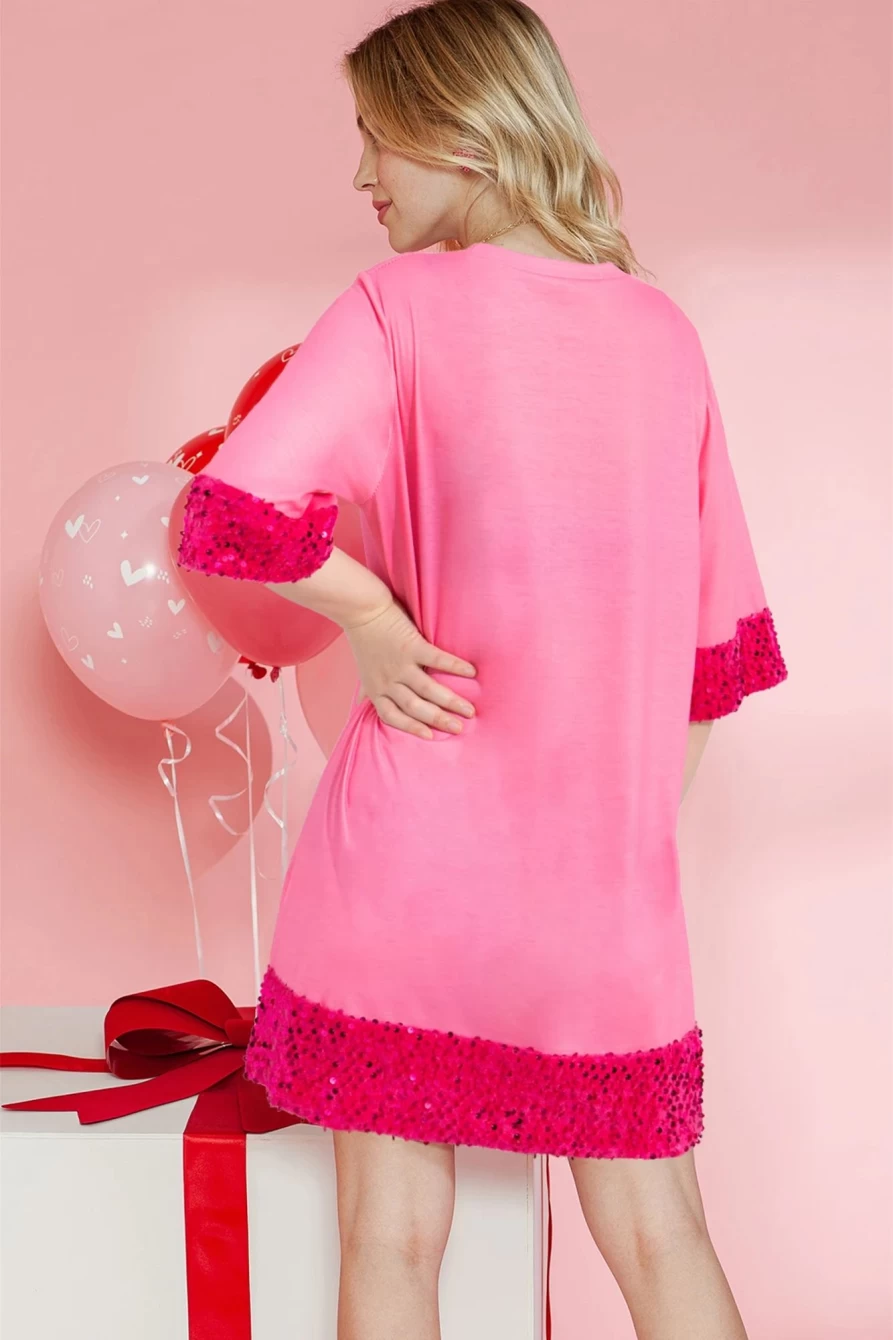 Shewin Women's Bonbon Heart Print Sequin Trim T-Shirt Dress for Valentine's Day