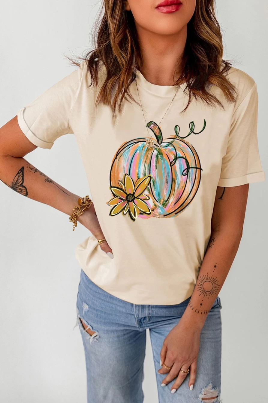Shewin Women's Khaki Casual Pumpkin Floral Graphic T-Shirt