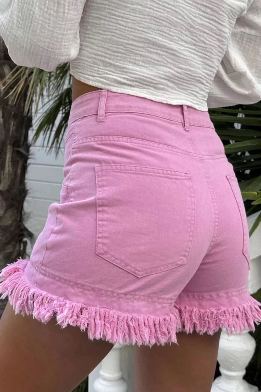 Women's Pink Casual Denim Shorts with Raw Hem - Shewin Mid Rise Style