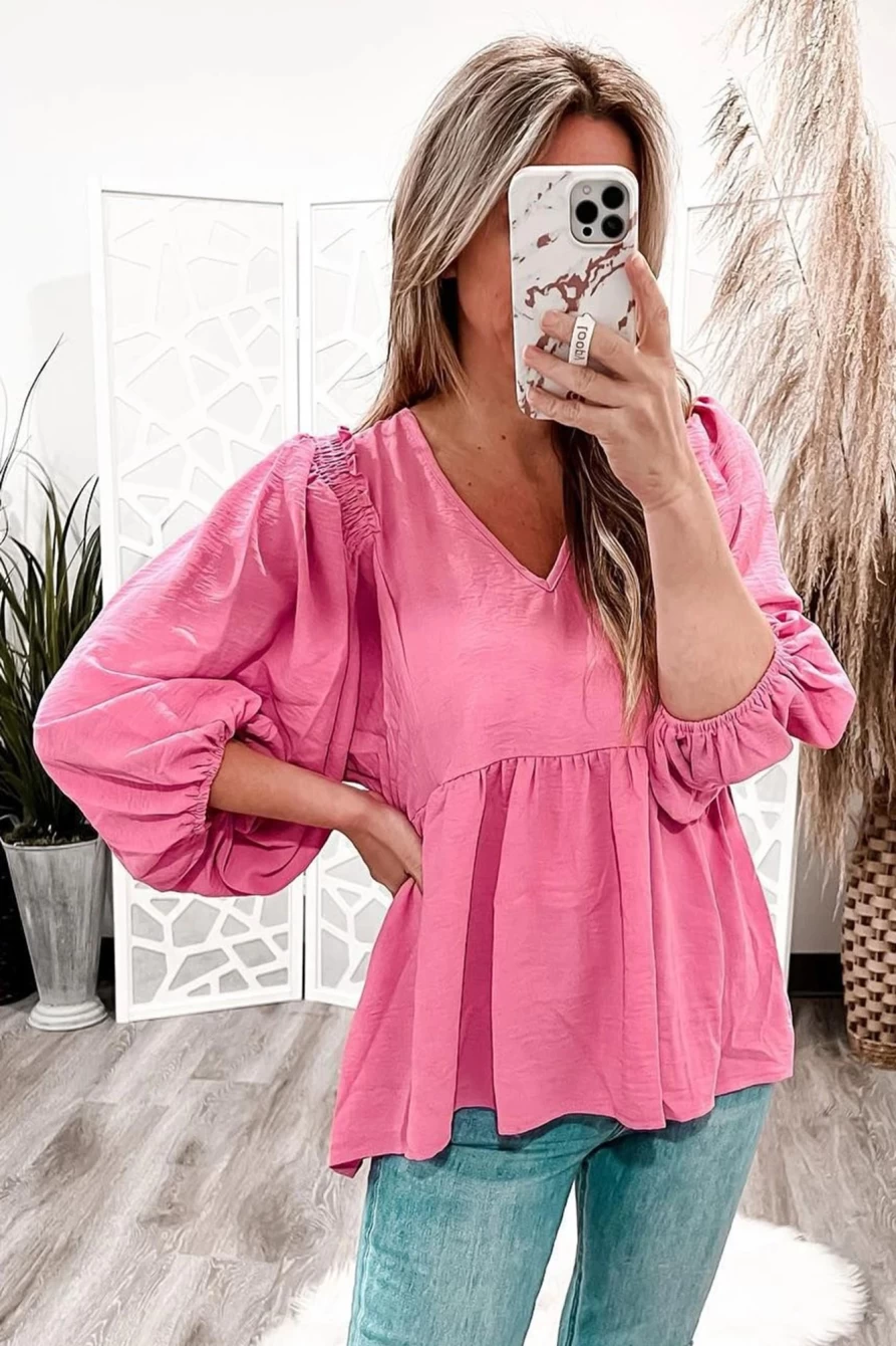 Shewin Women's Pink Frilled V-Neck Lantern Sleeve Babydoll Blouse Top