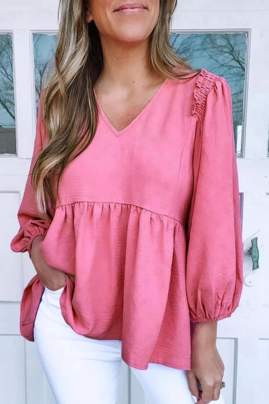 Shewin Women's Pink Frilled V-Neck Lantern Sleeve Babydoll Blouse Top