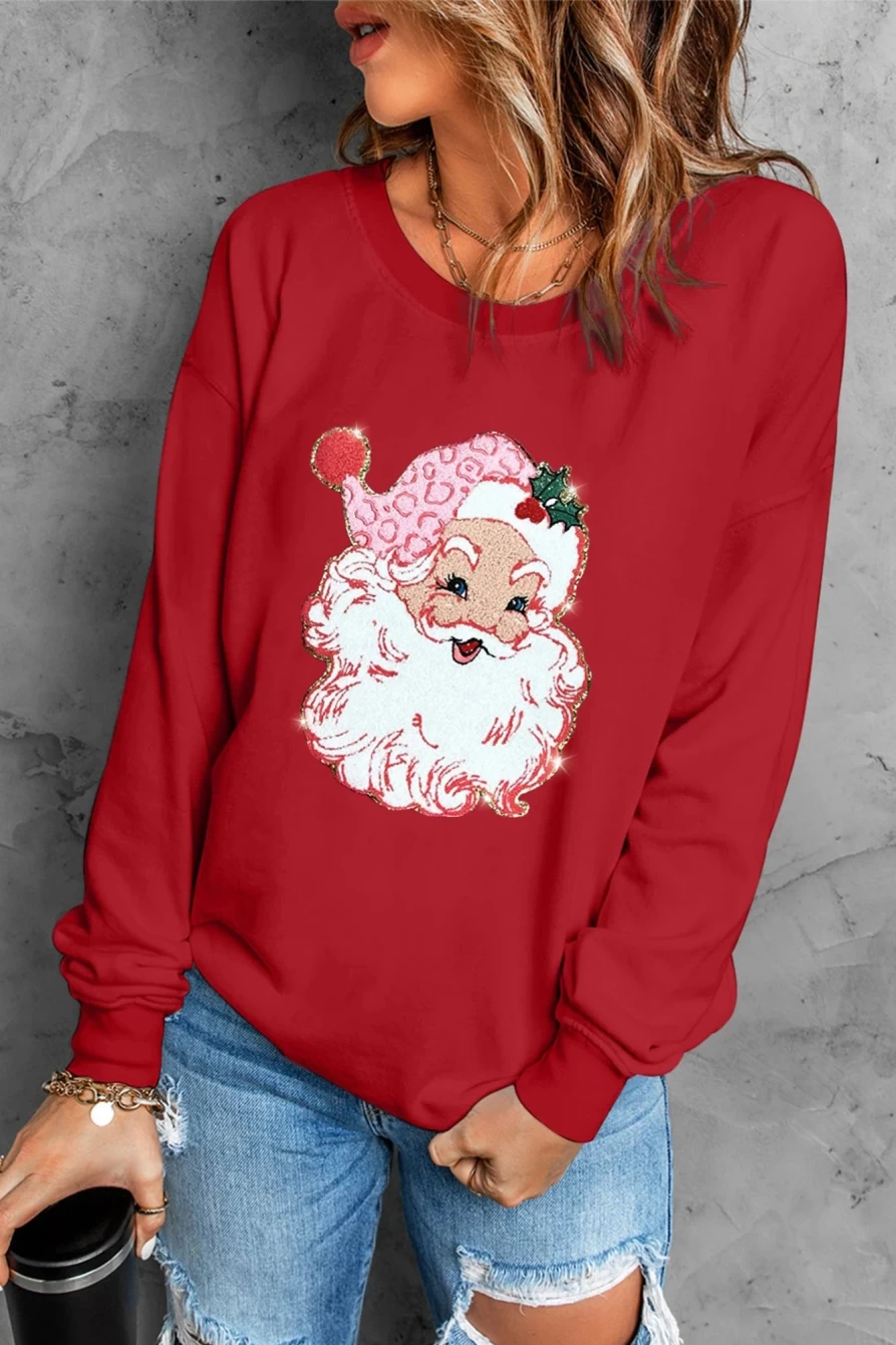 Shewin Women's Red Santa Claus Graphic Print Drop Shoulder Sweatshirt