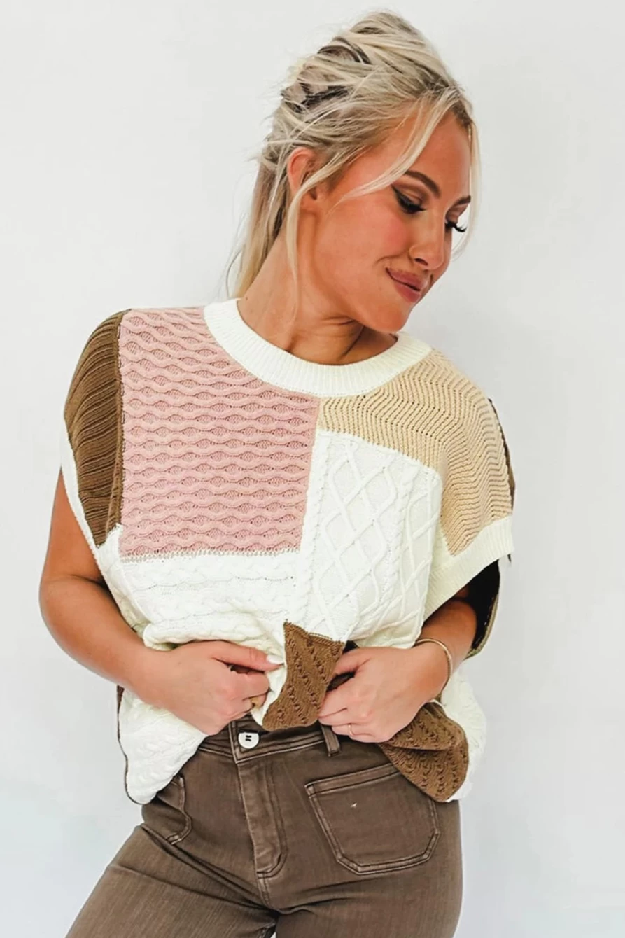 Shewin Women's Multicolor Colorblock Textured Crewneck Short Sleeve Sweater
