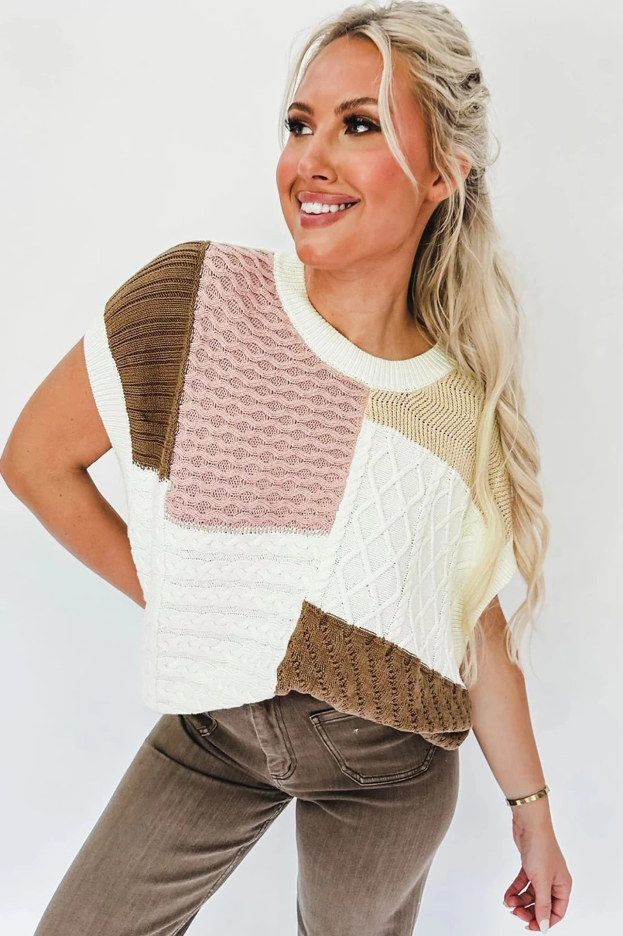 Shewin Women's Multicolor Colorblock Textured Crewneck Short Sleeve Sweater