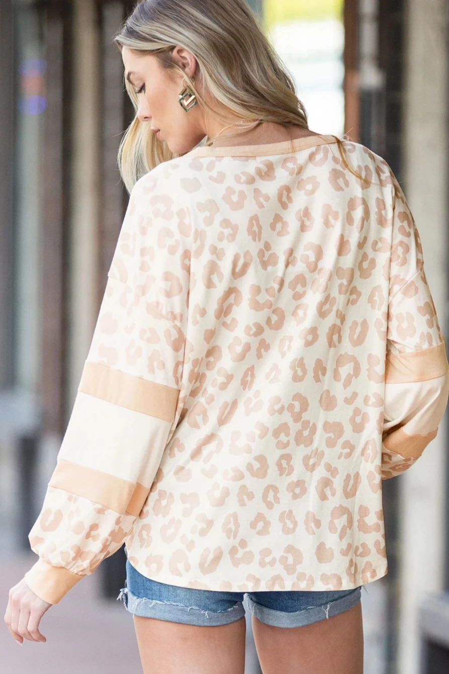 "SheWin Women's Bright White Leopard Print Puff Sleeve Round Neck Blouse"
