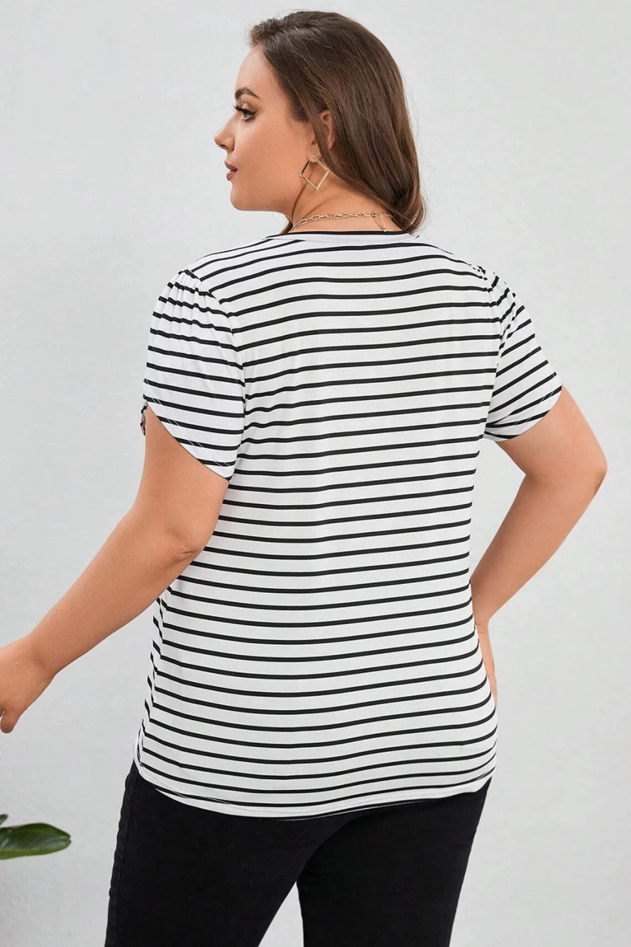 Shewin Women's Plus Size White Stripe V-Neck Petal Sleeve T-Shirt