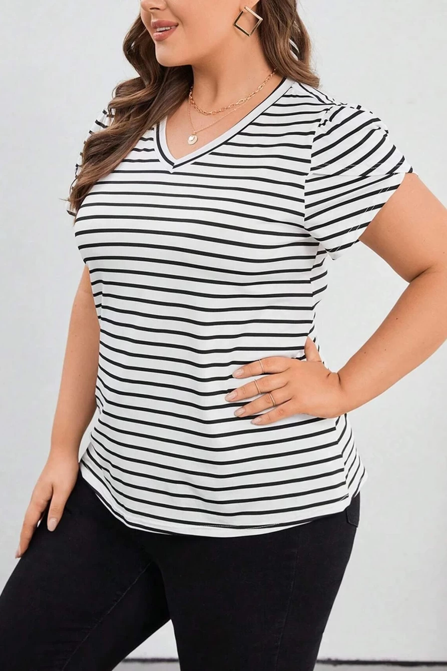 Shewin Women's Plus Size White Stripe V-Neck Petal Sleeve T-Shirt