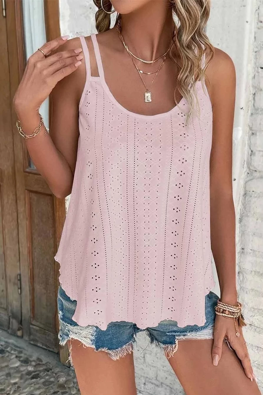 Shewin Women's Pink Eyelet Strappy Scoop Neck Tank Top