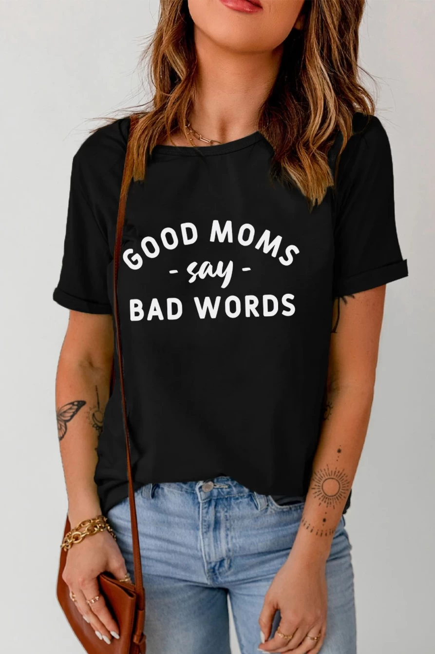 Shewin Women's Black Casual Letter Print Graphic Tee - Stylish Comfort Fit T-Shirt