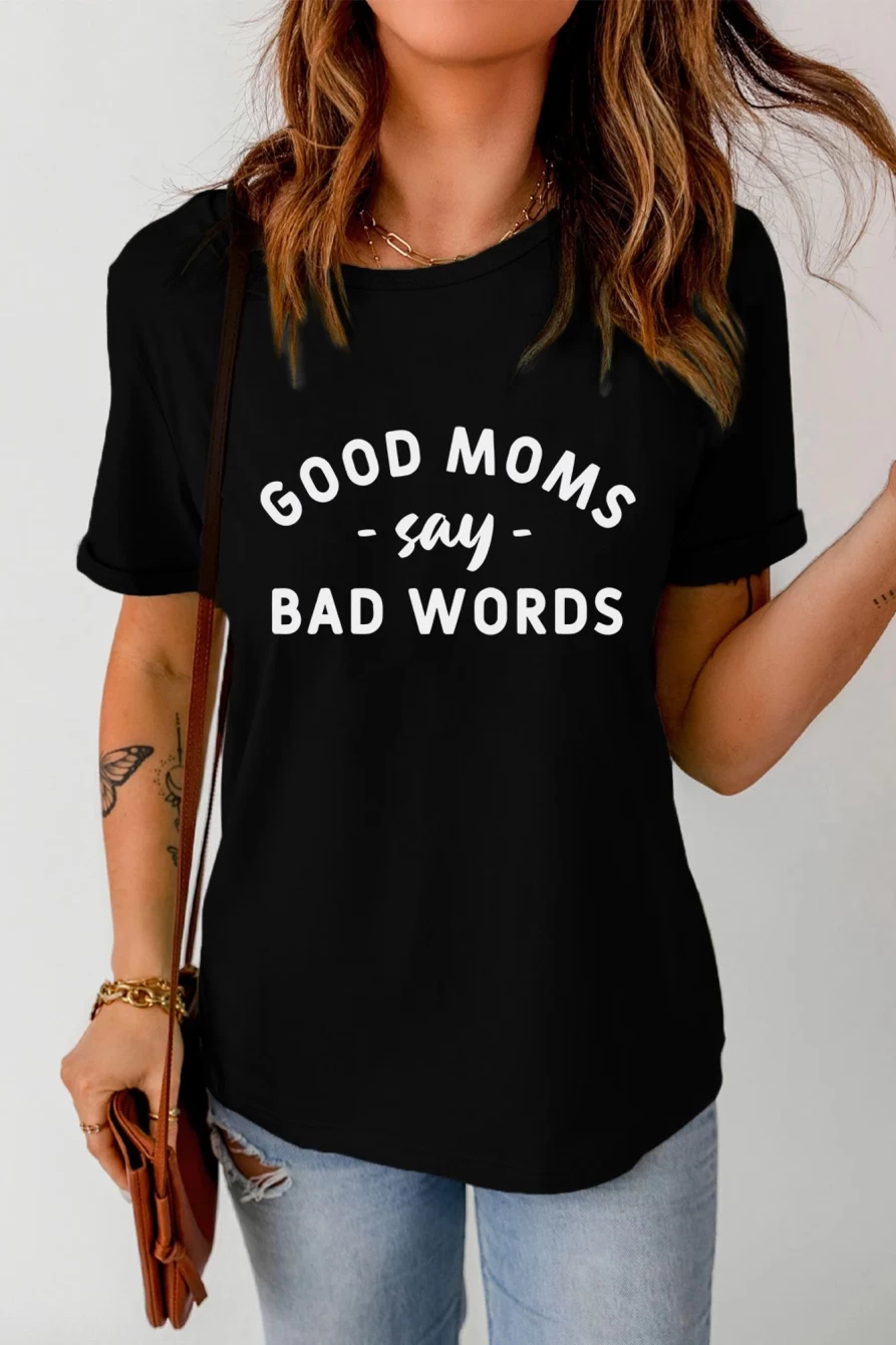 Shewin Women's Black Casual Letter Print Graphic Tee - Stylish Comfort Fit T-Shirt