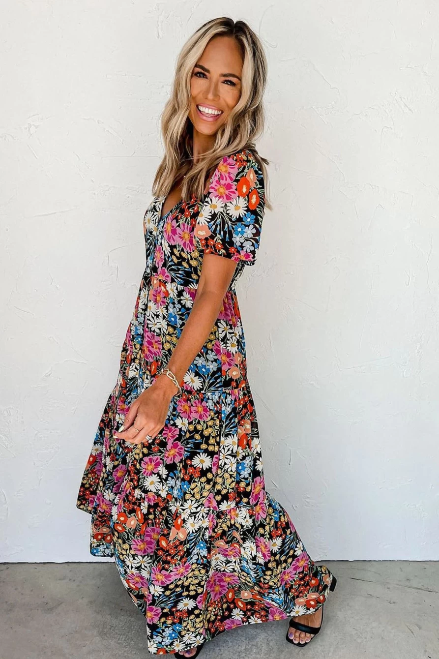 Shewin Women's Black Boho Floral Print Deep V-Neck Tiered Maxi Dress