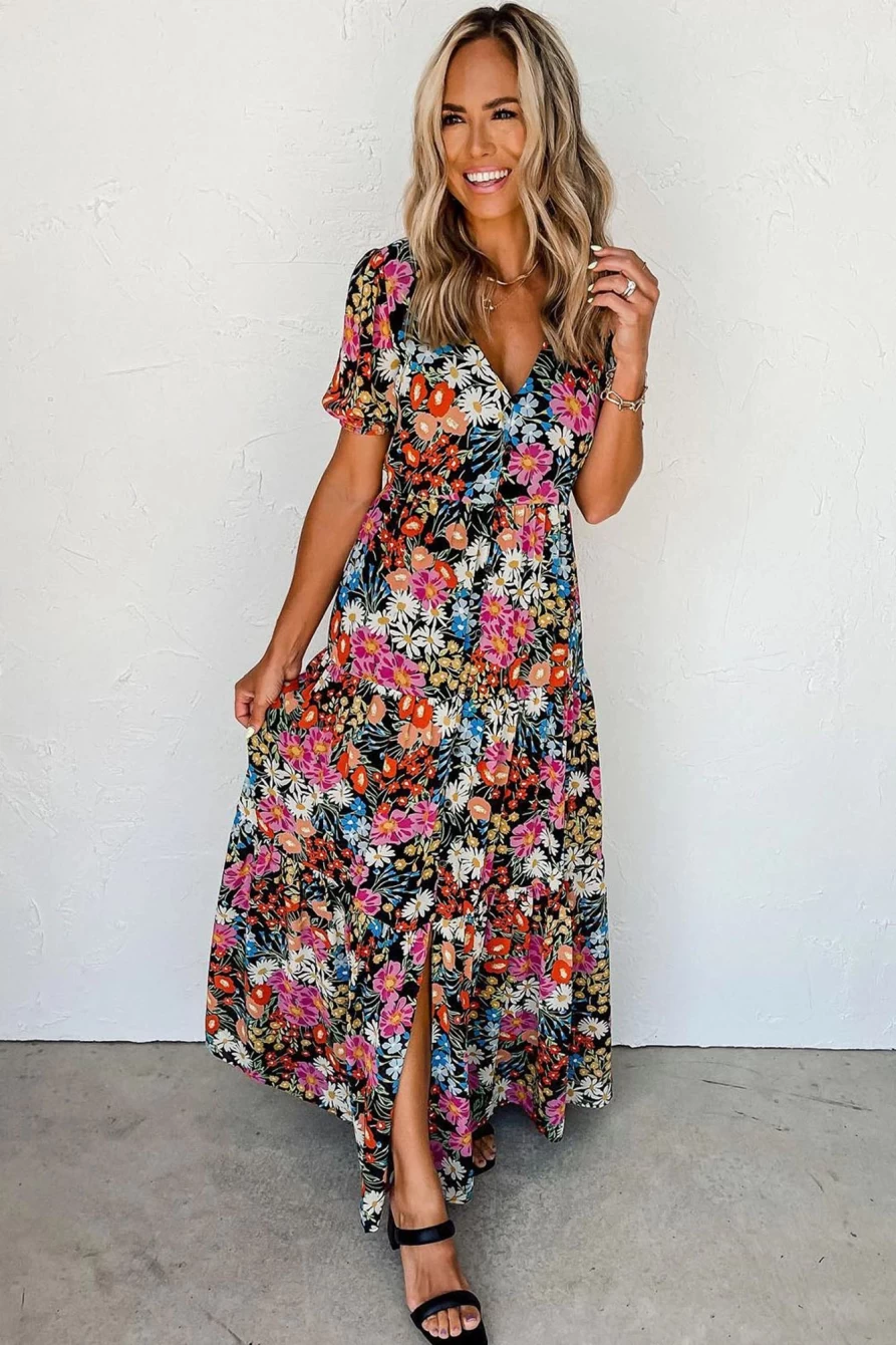 Shewin Women's Black Boho Floral Print Deep V-Neck Tiered Maxi Dress
