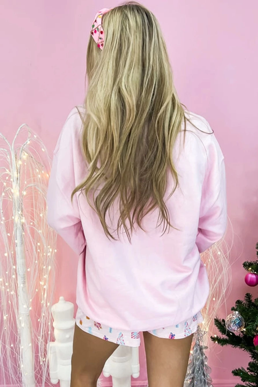 Shewin Women's Pink Christmas Tree Graphic Drop Shoulder Sweatshirt