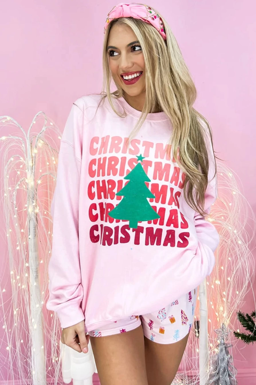 Shewin Women's Pink Christmas Tree Graphic Drop Shoulder Sweatshirt