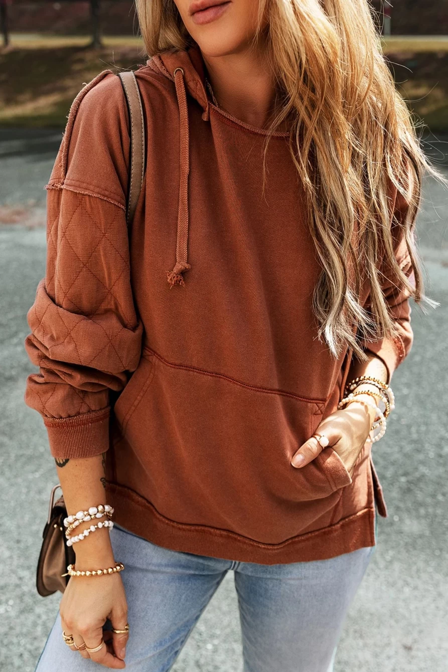 Shewin Women's Chestnut Quilted Patchwork Hoodie with Exposed Seam & Kangaroo Pocket